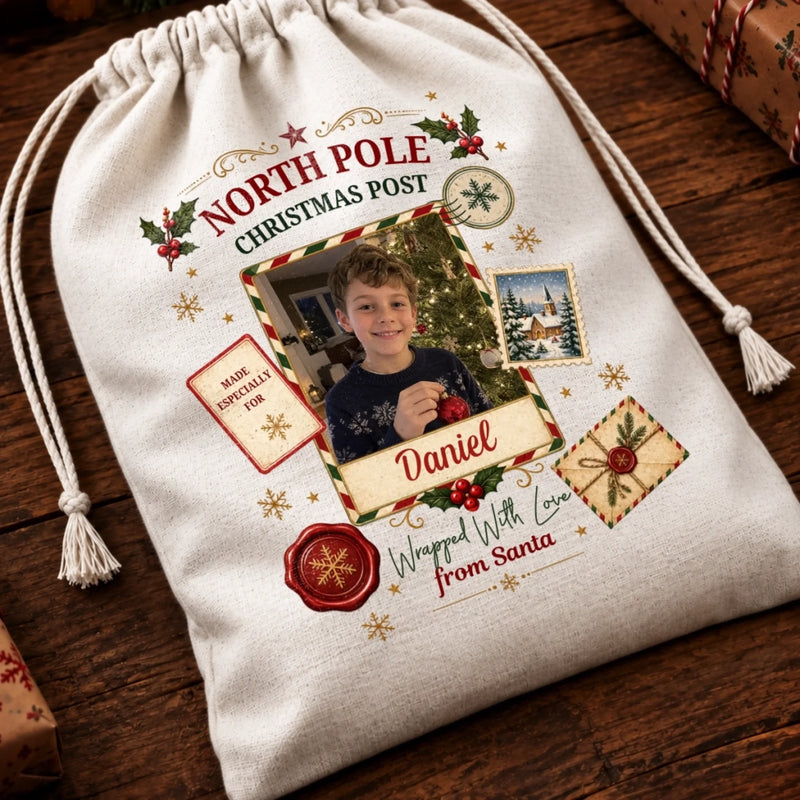 Personalized Photo Drawstring Gift Bag - Christmas Gift For Kids, Family - North Pole Priority