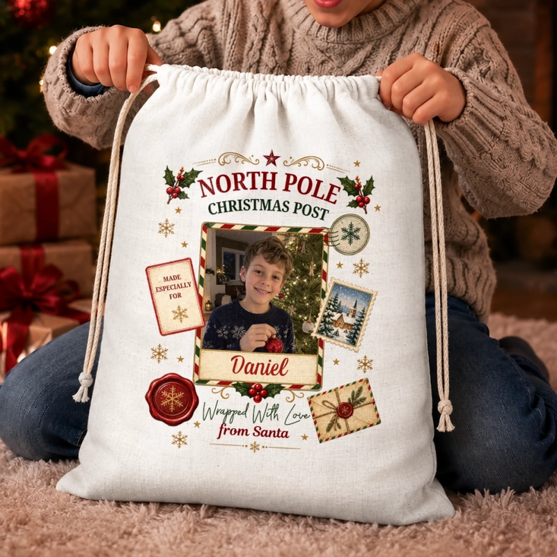 Personalized Photo Drawstring Gift Bag - Christmas Gift For Kids, Family - North Pole Priority