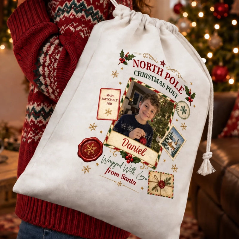 Personalized Photo Drawstring Gift Bag - Christmas Gift For Kids, Family - North Pole Priority