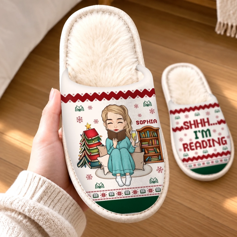 Personalized Flat Scuff Slippers - Gift For Book Lovers - Shhh I'm reading