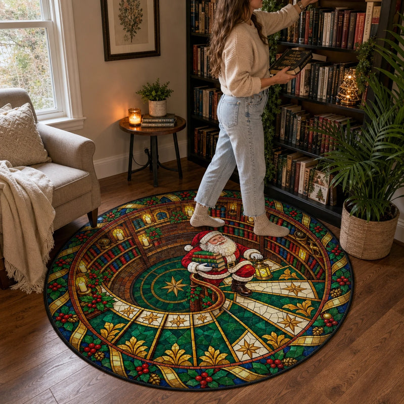 Personalized Quilted Round Mat - Christmas Gift For Family, Book Lovers - Books, Shelves & Santa Magic