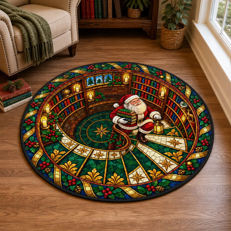 Personalized Quilted Round Mat - Christmas Gift For Family, Book Lovers - Books, Shelves & Santa Magic