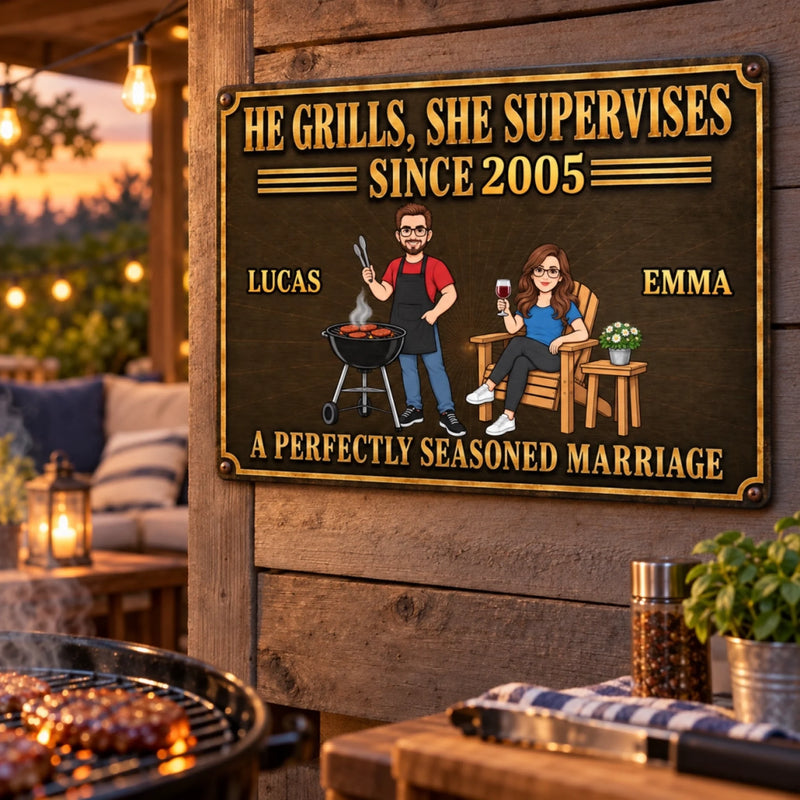 Personalized Photo Home Decor Metal Sign - Anniversary Gift For Couple - He Cooks, She Approves