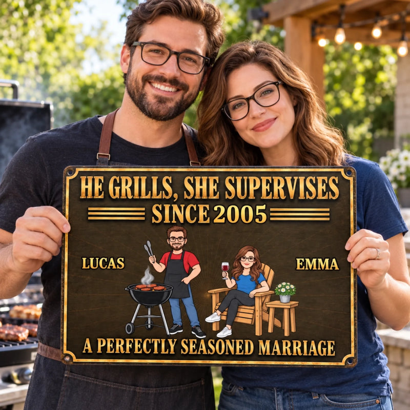 Personalized Photo Home Decor Metal Sign - Anniversary Gift For Couple - He Cooks, She Approves