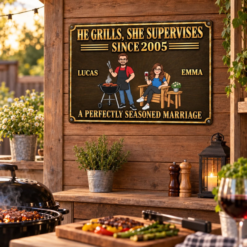 Personalized Photo Home Decor Metal Sign - Anniversary Gift For Couple - He Cooks, She Approves