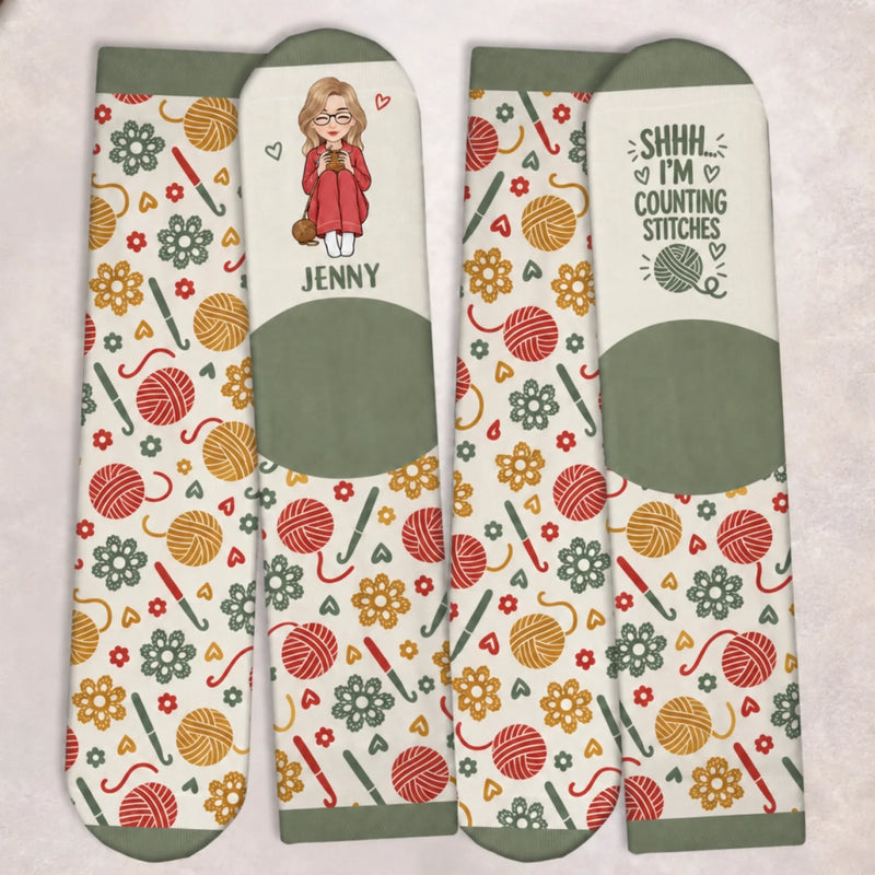 Personalized Crew Socks - Crochet, Knitting Gift For Craft Lovers - Currently Counting Stitches