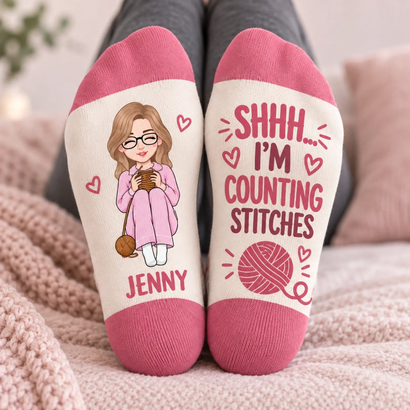 Personalized Crew Socks - Crochet, Knitting Gift For Craft Lovers - Currently Counting Stitches