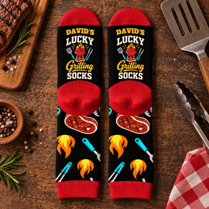 Personalized Crew Socks - Gift For BBQ Lovers - Lucky Grilling Socks