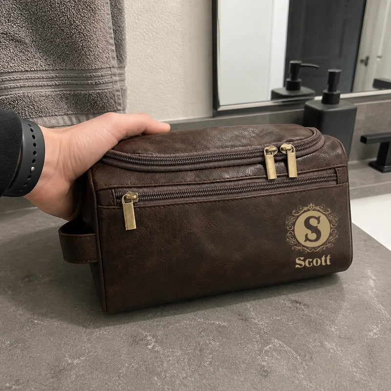 Personalized Leather Toiletry Bag - Gift For Dad, Grandpa, Husband - Adventure Awaits