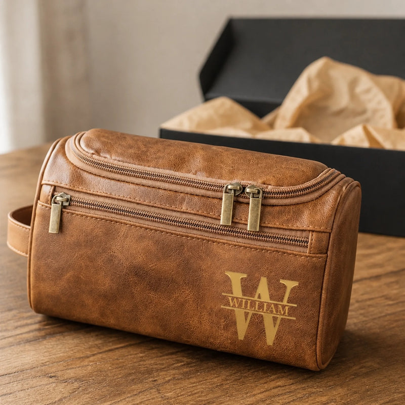 Personalized Leather Toiletry Bag - Gift For Dad, Grandpa, Husband - Made For The Journey