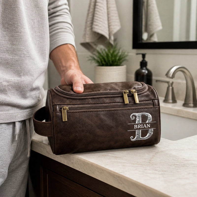 Personalized Leather Toiletry Bag - Gift For Dad, Grandpa, Husband - Keep It Classic