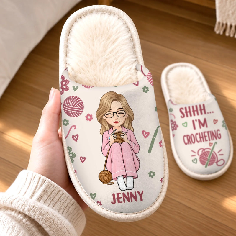 Personalized Flat Scuff Slippers - Crochet, Knitting Gift For Craft Lovers - Shhh I'm Crocheting