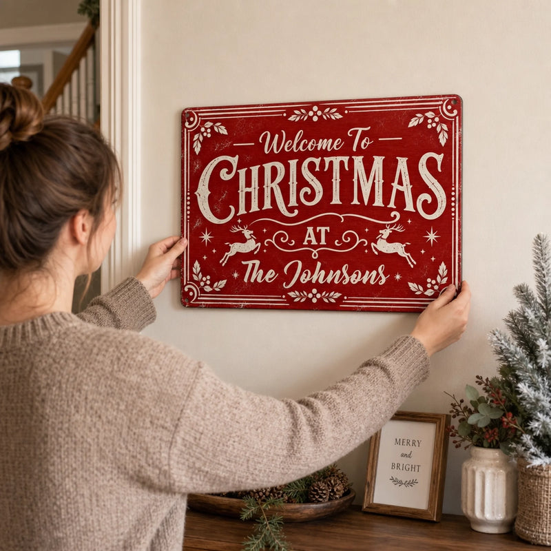 Personalized Home Decor Metal Sign - Christmas Gift for Housewarming, Family - Christmas Belongs Here