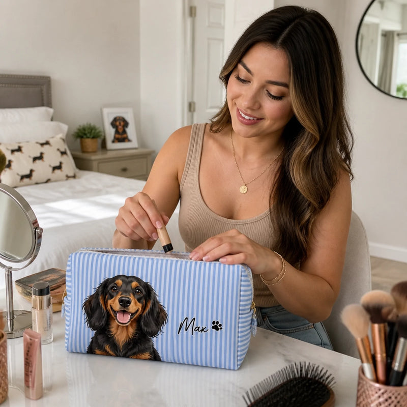 Personalized Photo Seersucker Makeup Bag - Birthday Gift For Pet Lovers - Fur On Everything