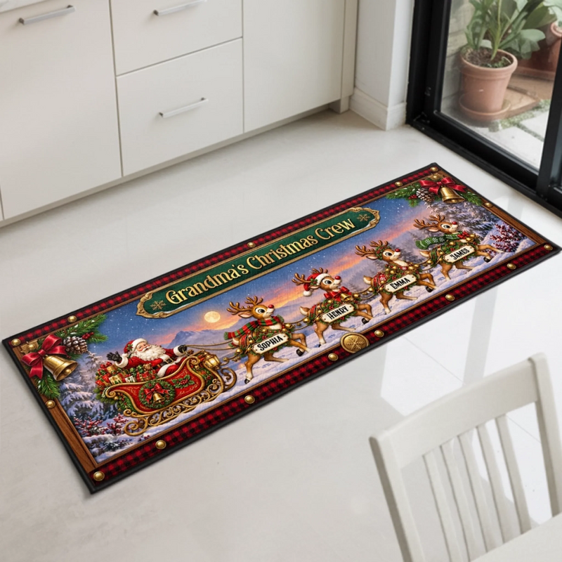 Personalized Runner Rug - Christmas Gift For Grandma, Grandpa, Family - Santa’s Reindeer Crew Arrive