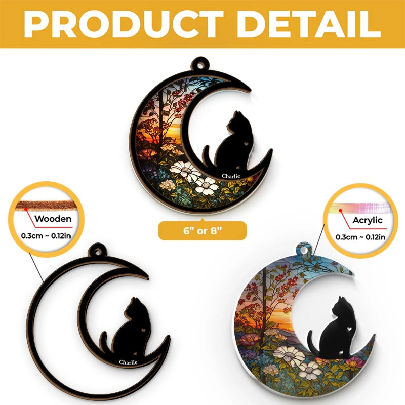 Custom Cat Crescent Moon Decor - Personalized Hanging Suncatcher