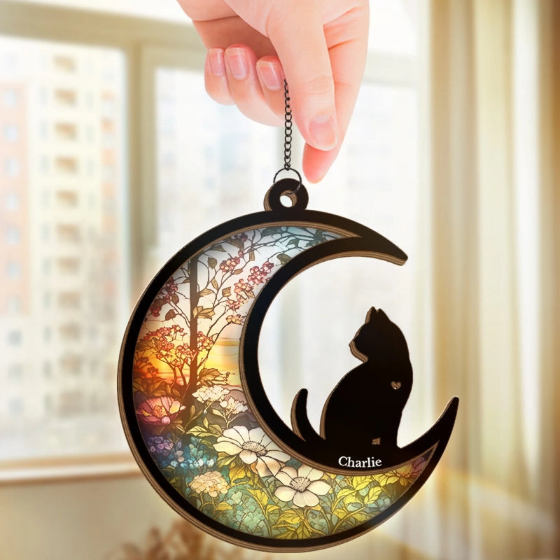 Custom Cat Crescent Moon Decor - Personalized Hanging Suncatcher