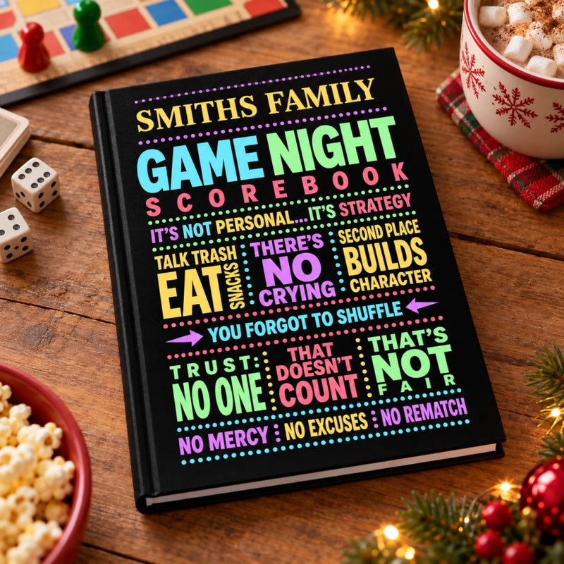 Custom Family Game Night Scorebook Family Gifts - Personalized Hardcover Journal - Keep Score Play Hard Win