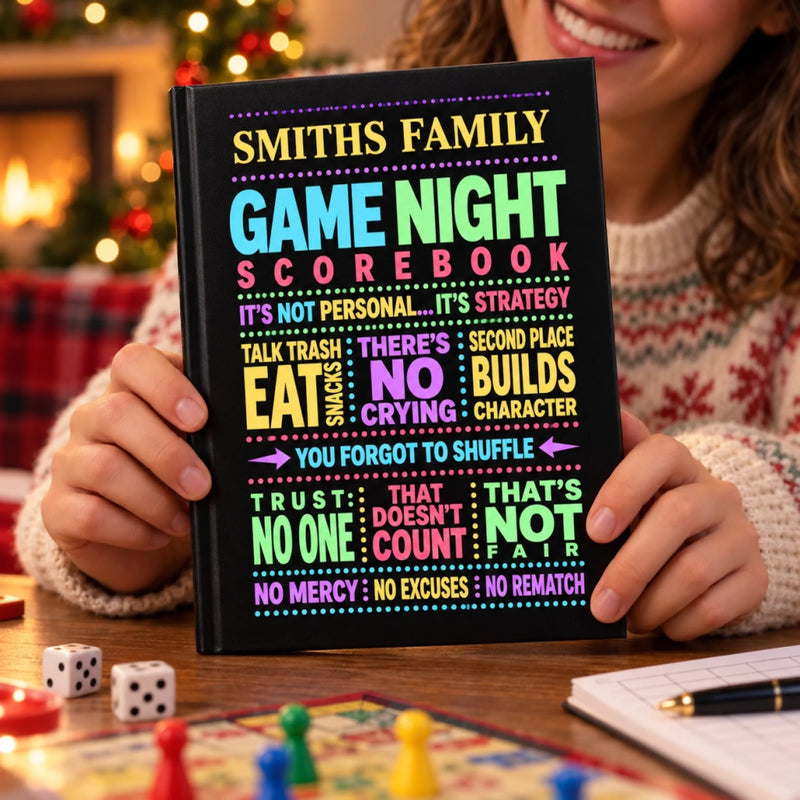 Custom Family Game Night Scorebook Family Gifts - Personalized Hardcover Journal - Keep Score Play Hard Win