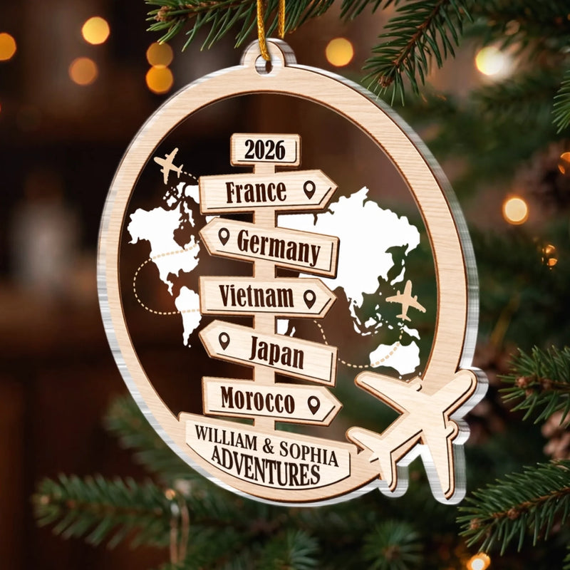 Custom Travel Couple Christmas Decor - Personalized Acrylic Ornament - Memories Made Around The World