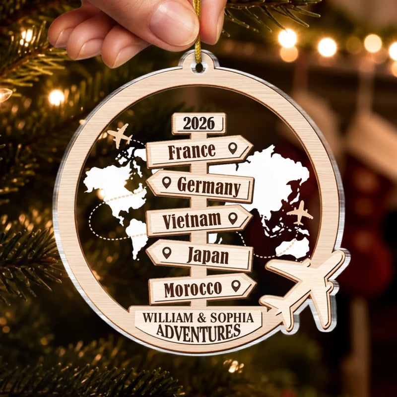 Custom Travel Couple Christmas Decor - Personalized Acrylic Ornament - Memories Made Around The World