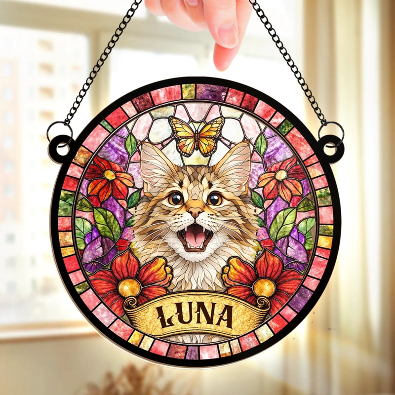 Custom Cat Stained Glass Suncatcher - Personalized Photo Hanging Window Ornament - Life Is Better With You