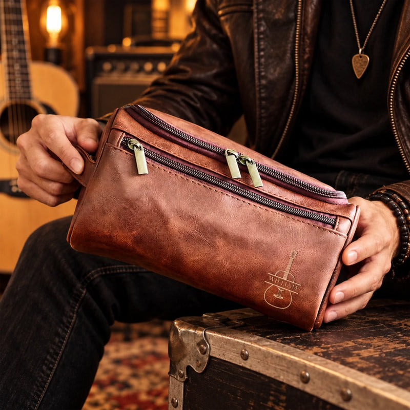 Personalized Leather Toiletry Bag - Gift For Guitarists, Music Lovers -
