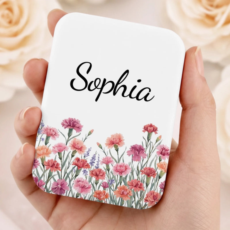 Custom Purple Floral Name Gifts - Personalized Compact Mirror - Blooming With Beauty