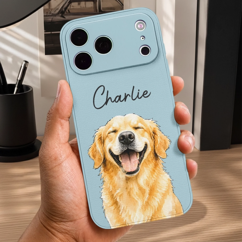 Custom Pet Portrait Name Gifts for Pet Lovers - Personalized Leather Phone Case - Pet Life