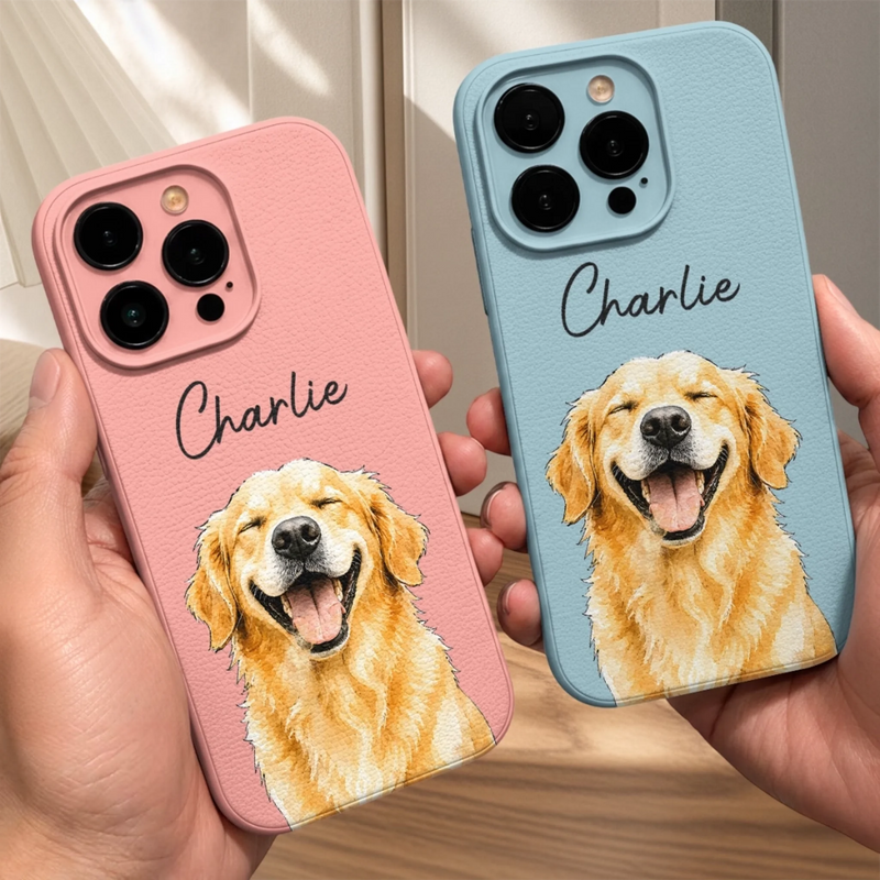 Custom Pet Portrait Name Gifts for Pet Lovers - Personalized Leather Phone Case - Pet Life