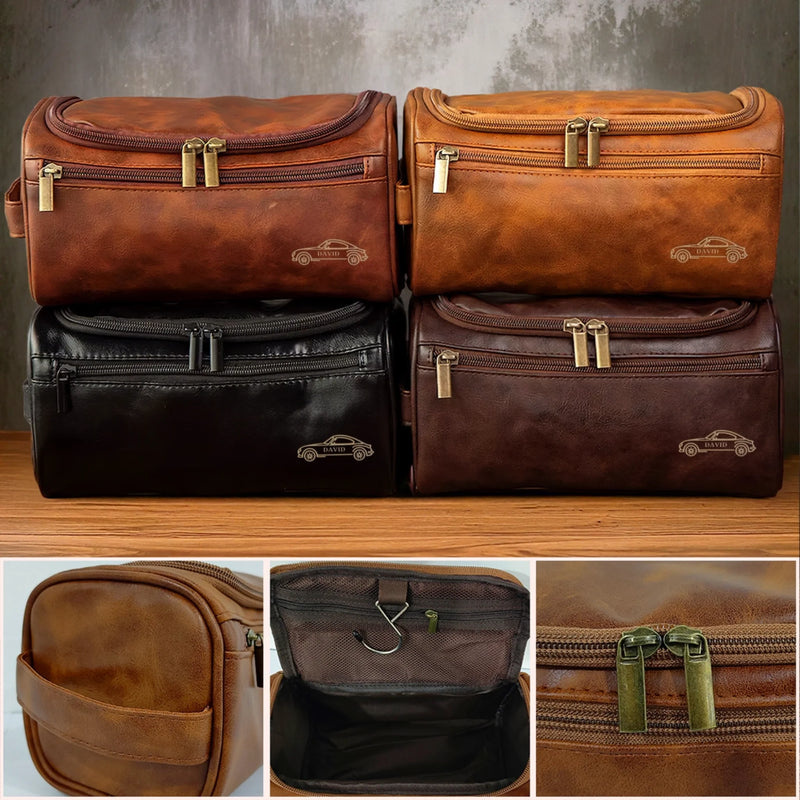 Personalized Leather Toiletry Bag - Gift For Auto Enthusiasts, Car Lovers - Classic Ride, Personal Touch