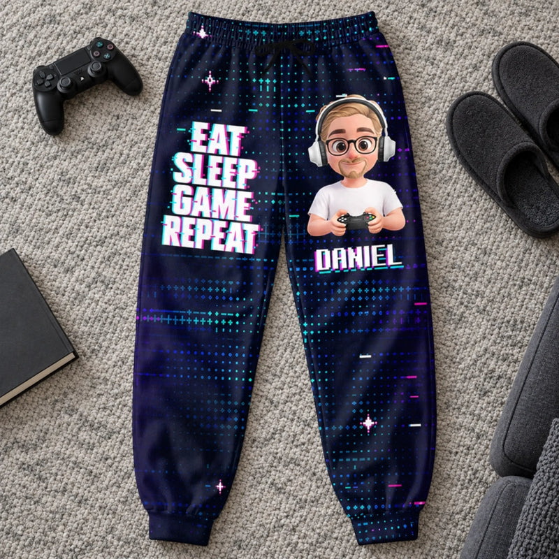 Custom Eat Sleep Game Repeat Gamer Gifts - Personalized Sweatpants - Fun Gamer