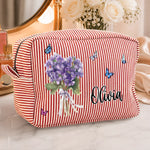 Custom Floral Name Gifts - Personalized Seersucker Makeup Bag - Blooming With Grace