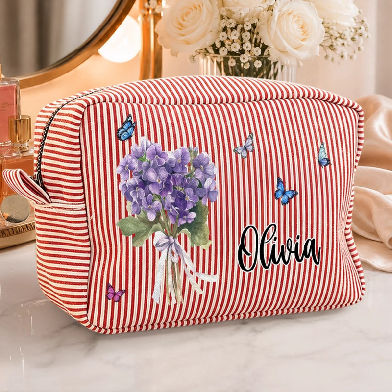 Custom Floral Name Gifts - Personalized Seersucker Makeup Bag - Blooming With Grace