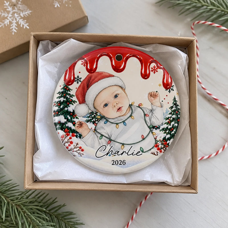 Custom Baby’s First Christmas Portrait Gifts - Personalized Photo Ceramic Ornament - Christmas Magic Starts Here