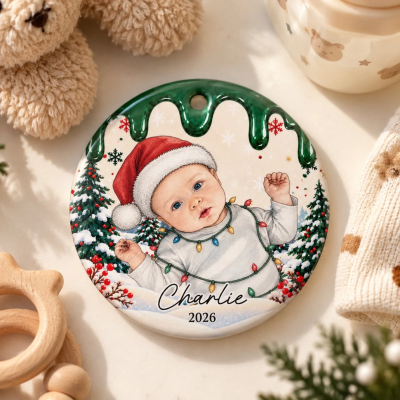 Custom Baby’s First Christmas Portrait Gifts - Personalized Photo Ceramic Ornament - Christmas Magic Starts Here
