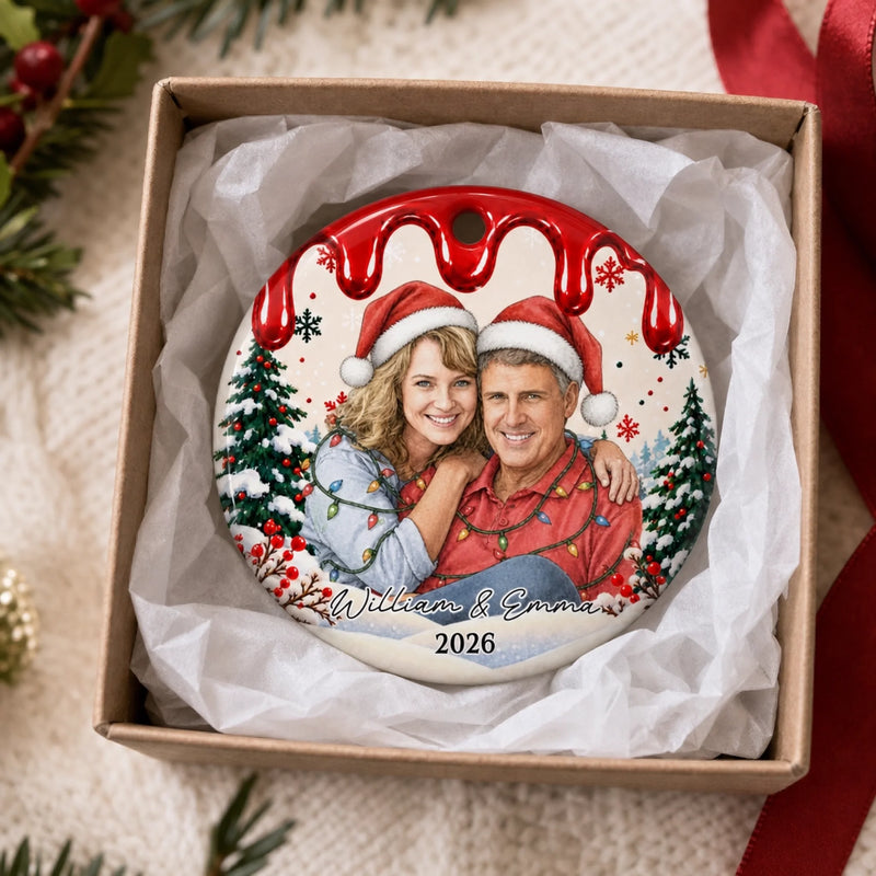 Custom Couple Christmas Portrait Gifts - Personalized Photo Ceramic Ornament - Making Spirits Bright Together