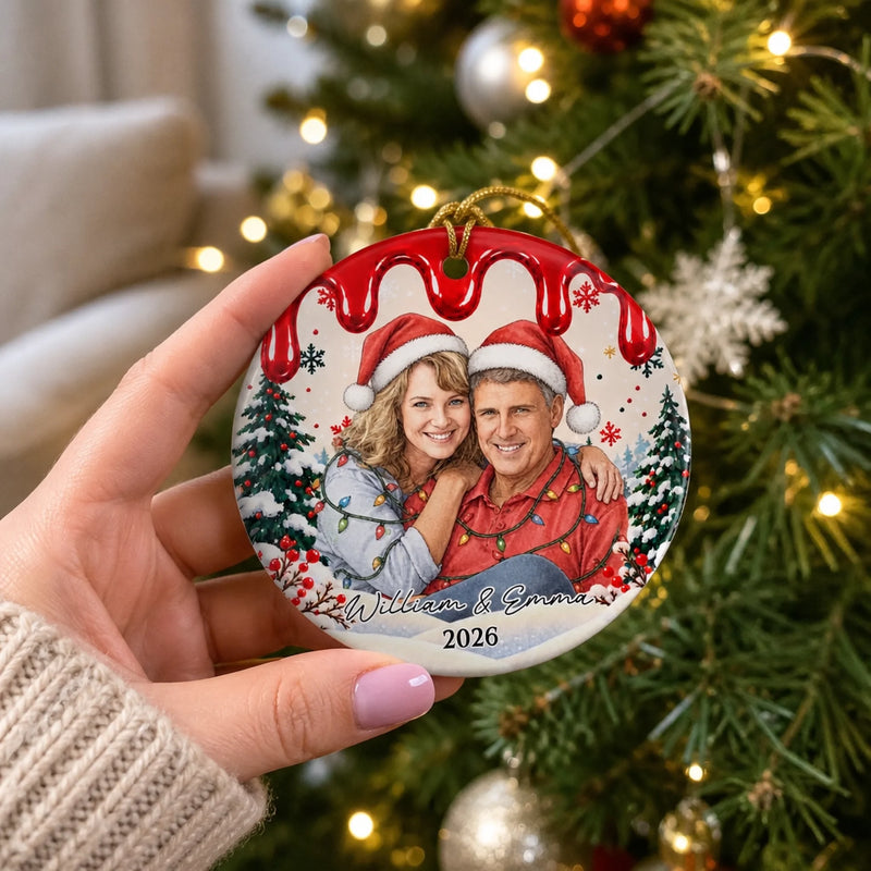 Custom Couple Christmas Portrait Gifts - Personalized Photo Ceramic Ornament - Making Spirits Bright Together