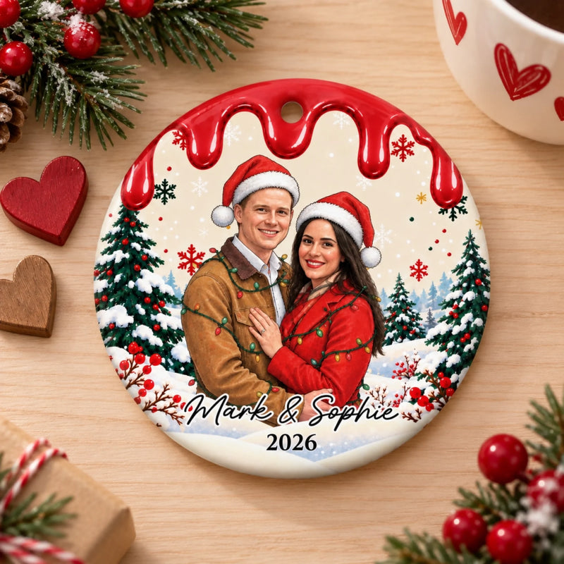 Custom Couple Christmas Portrait Gifts - Personalized Photo Ceramic Ornament - Making Spirits Bright Together