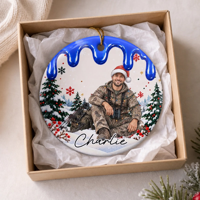 Custom Hunting Christmas Portrait Gifts - Personalized Photo Ceramic Ornament - Holiday Cheer Meets The Wild