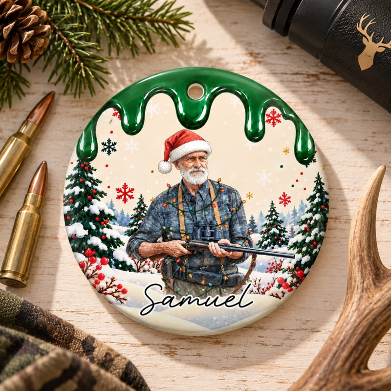 Custom Hunting Christmas Portrait Gifts - Personalized Photo Ceramic Ornament - Holiday Cheer Meets The Wild