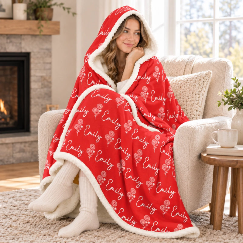 Custom Name Floral Design - Personalized Wearable Blanket Hoodie - Simple, Beautiful