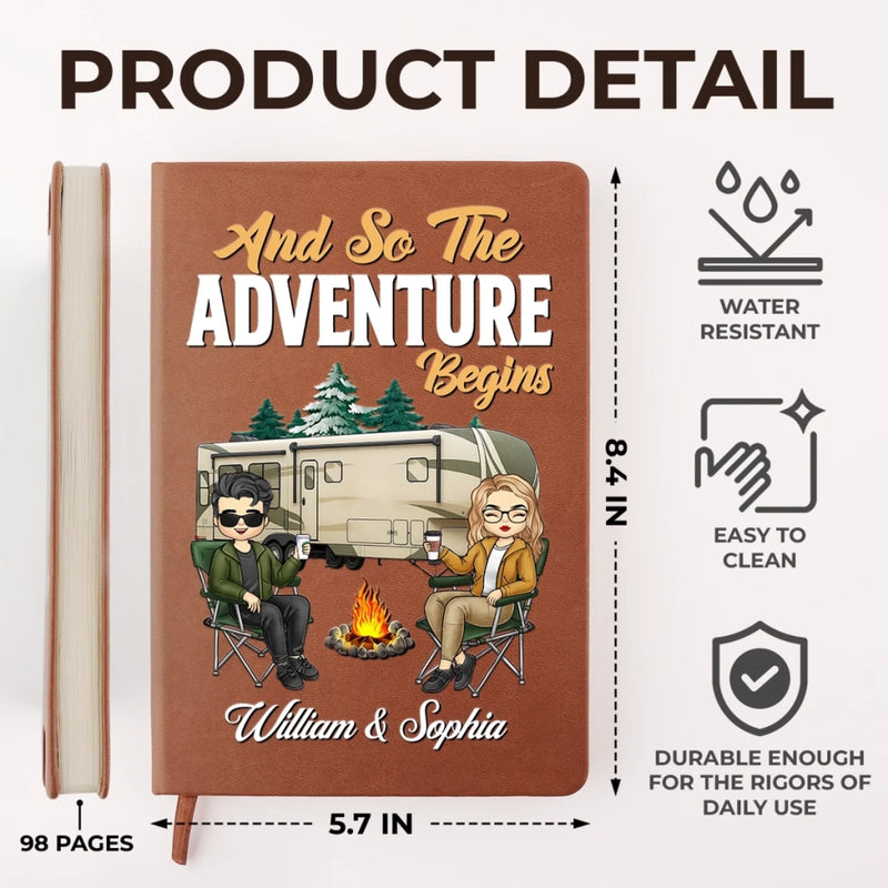 Custom Name RV Camping Couple Gifts - Personalized Leather Journal - And So the Adventure Begin