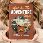 Custom Name RV Camping Couple Gifts - Personalized Leather Journal - And So the Adventure Begin