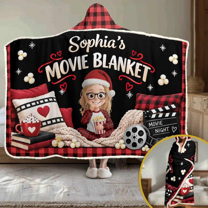 Custom Name Christmas Movie Night Gifts for Kids - Personalized Wearable Blanket Hoodie - Movie Night