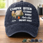 Custom Name Camper Queen Gifts for Women - Personalized Washed Cotton Cap - Sassy By The Campfire