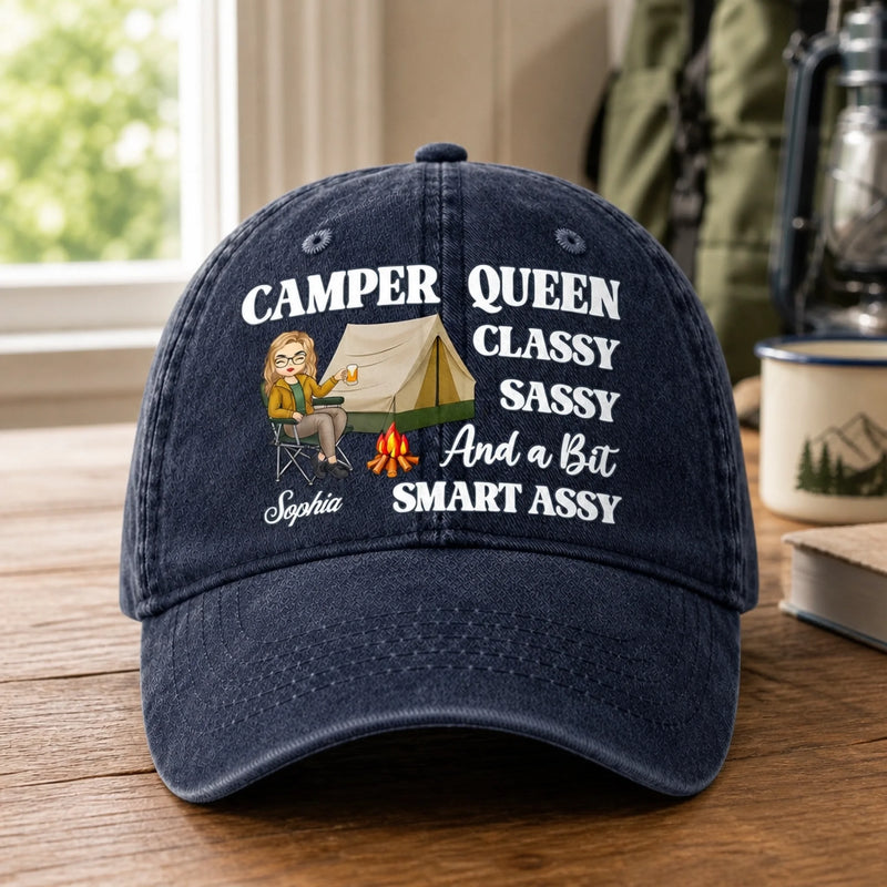 Custom Name Camper Queen Gifts for Women - Personalized Washed Cotton Cap - Sassy By The Campfire
