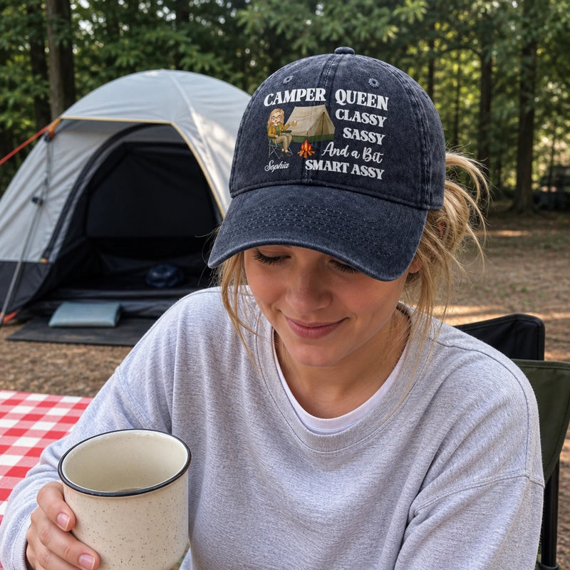 Custom Name Camper Queen Gifts for Women - Personalized Washed Cotton Cap - Sassy By The Campfire