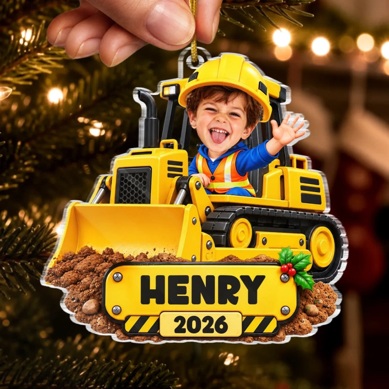 Custom Photo Construction Christmas Gifts for Kids - Personalized Acrylic Ornament - Big Builds Ahead