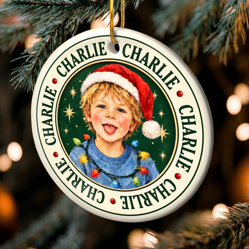 Custom Name Christmas Gifts for Kids - Personalized Photo Ceramic Ornament - Born To Spread Joy
